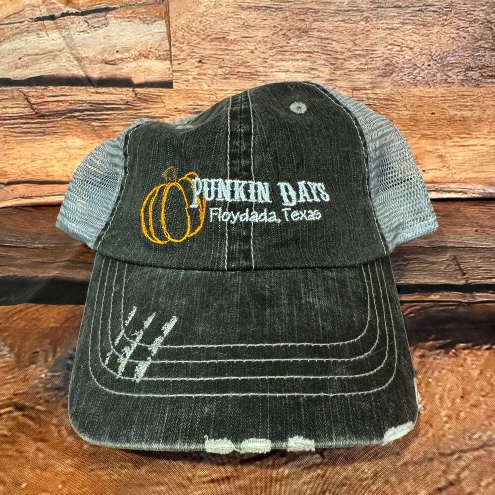 MG Trucker Hat Punkin Days Floydada Texas Pumpkin Distressed Adjustable Black